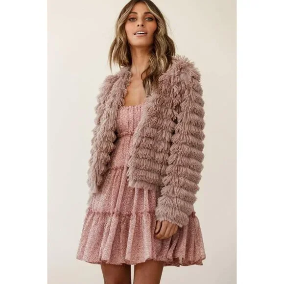 Women's Pink Inorin Faux Fur Coat Open Front Shaggy Cardigan Vintage Jacket - Picture 8 of 9